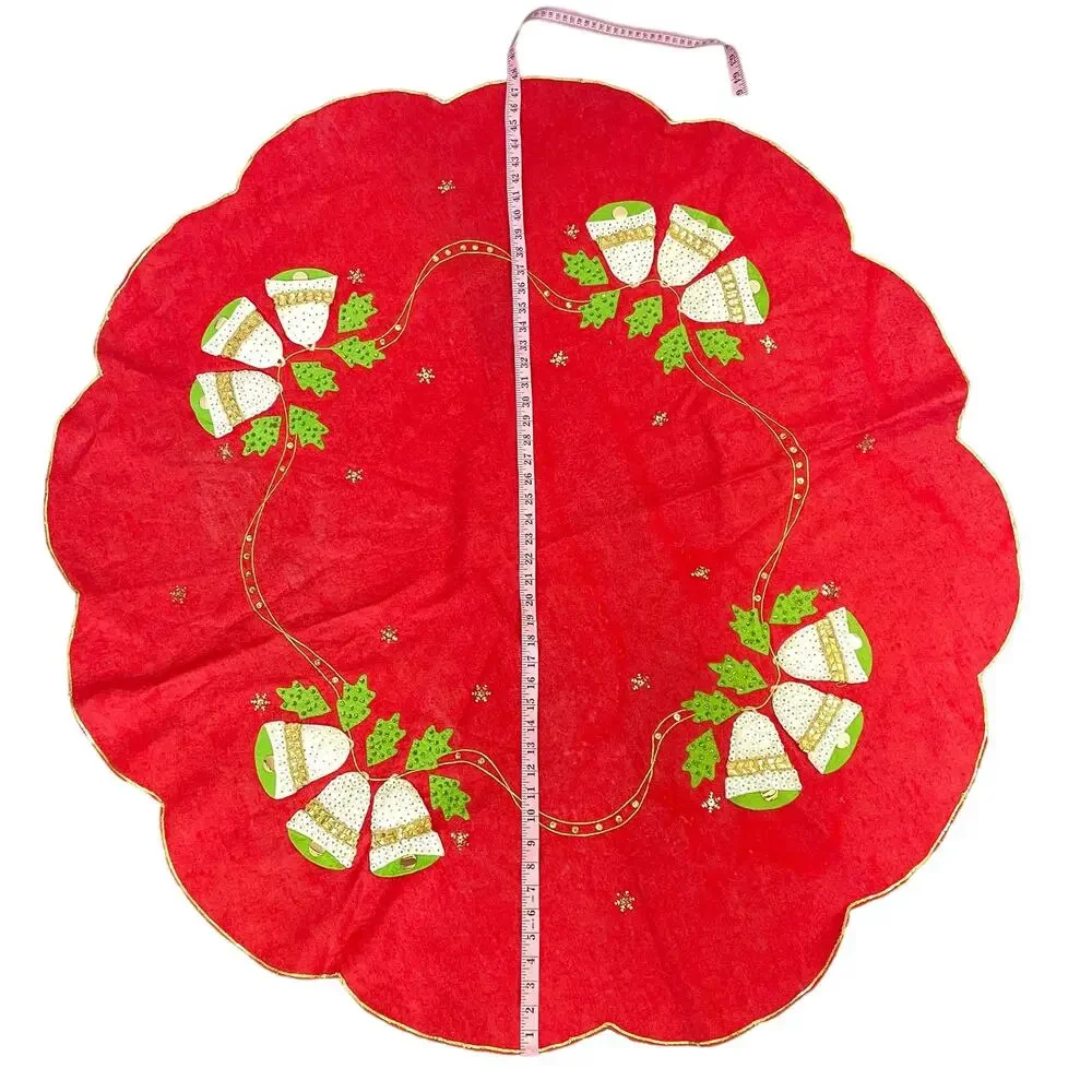 Vintage Bucilla Christmas Tree Skirt Tablecloth Felt Bead Sequin Bell 48” READ